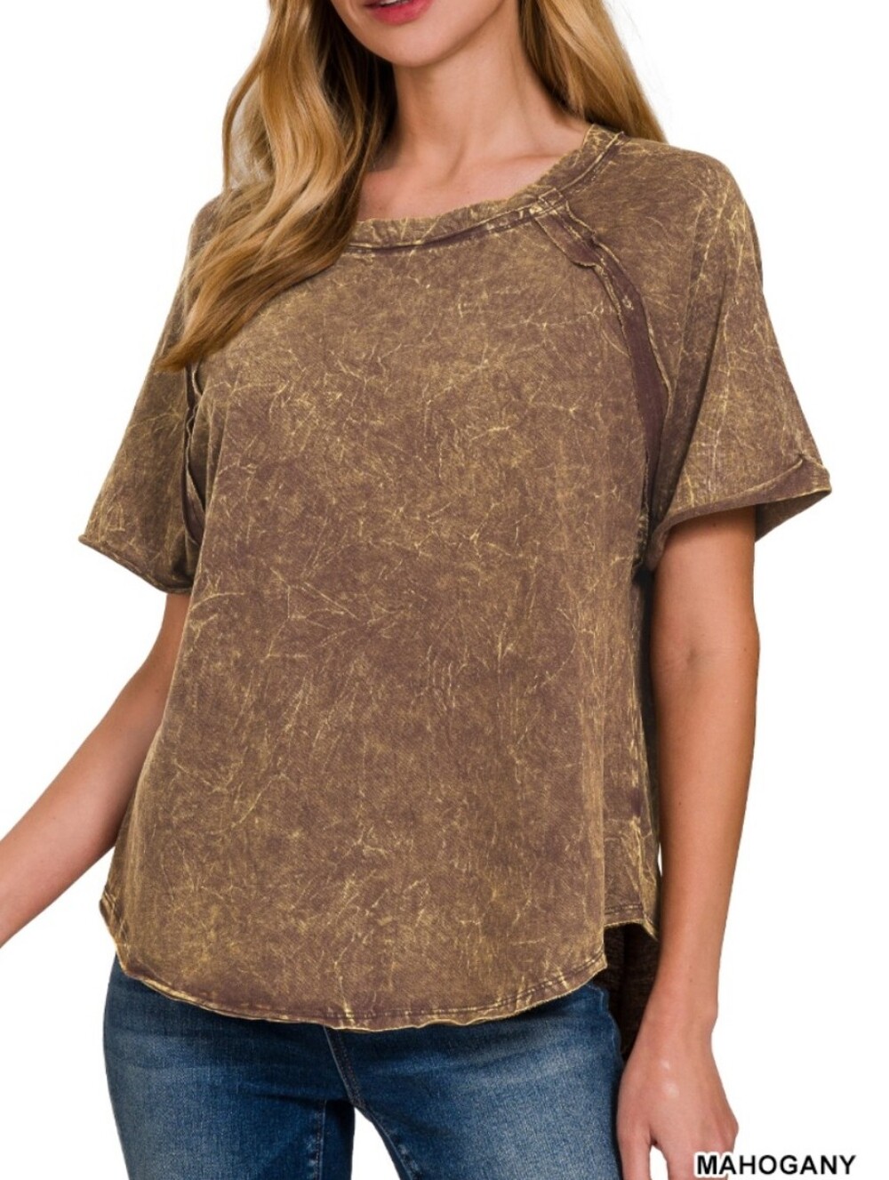 New Zenana Mahogany Acid Washed Raglan Top